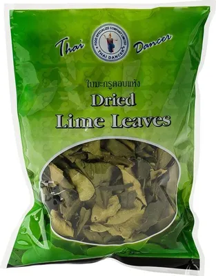A bag of dried lime leaves with text and a logo on the front.