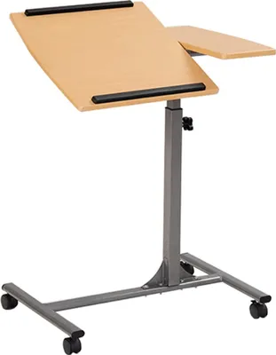 A mobile side table with a wooden top and a metal base with wheels.