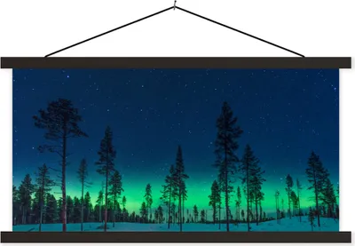 Produktbild von MuchoWow® Textilposter Nordlicht - Schnee - Bäume - Natur - Grün 120x60 cm mit schwarzem Rahmen - Dekoration Schlafzimmer