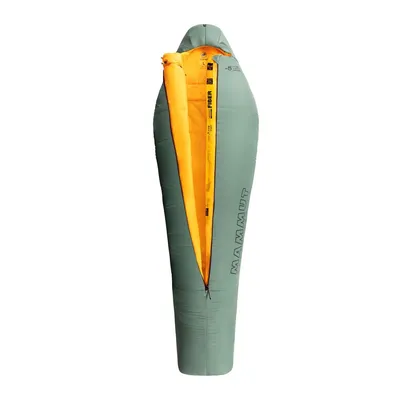 Kunstfaser-Schlafsack "Comfort Fiber Bag -5C" von Mammut in grün mit gelbem Reißverschluss.