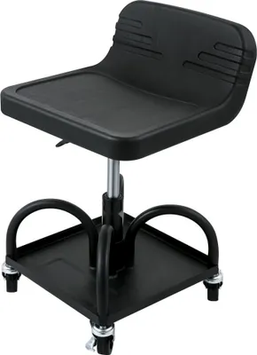 Obrázok produktu pre Mobilná dielenská stolička - Nosnosť 135 kg - Nastaviteľná výška: 40-52 cm - S kolieskami otočnými o 360° a zásobníkom na náradie - Ideálna do dielní a garáží - Čierna farba.