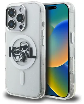 Immagine prodotto di Custodia Karl Lagerfeld IML Glitter, con motivo "Karl & Choupette" e logo, compatibile con iPhone 16 Pro, trasparente