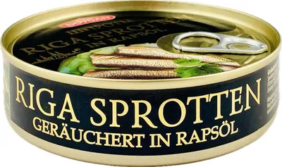 A close-up, slightly angled view of a can of Riga Sprotten smoked in rapeseed oil.