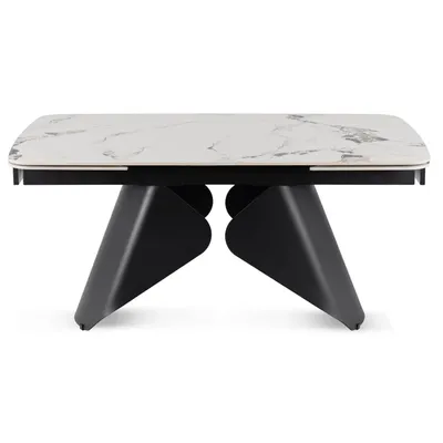 Obrázok produktu pre Rozťahovací keramický jedálenský stôl Velto 160–240 cm – biela mramorová úprava – čierny kovový podstavec