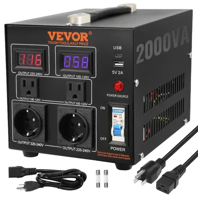 Immagine prodotto di VEVOR 2000W convertitore di tensione Trasformatore AC 110V⇋220V Trasformatore convertitore 2x US NEMA 5-15R 3-pin/2x prese di uscita standard europee Shucko, 1x 5V connessione USB, 1x presa di tipo C