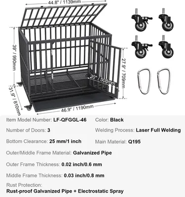 Zdjęcie produktu dla Wytrzymała klatka dla psa, konstrukcja zabezpieczająca przed ucieczką, blokowane kółka, 46,9 x 31,9 x 39 mm