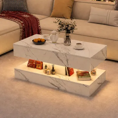 Produktbild von UnboxG Couchtisch 100x50 cm in Marmoroptik mit LED, 2 Schubladen, offenem Ablagefach und Hochglanzoberfläche