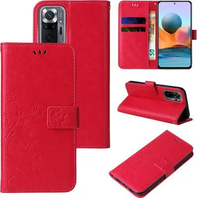 Produktbild von Handyhülle für Xiaomi Redmi Note 10 Pro Floral Blumen Schmetterling Flip Cover Hülle Case Klapphülle Handytasche Farbe: Rot