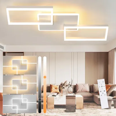 A modern living room with a geometric ceiling light fixture, showcasing different lighting options and a remote control.