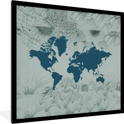 Produktbild von MuchoWow® MuchoWow® Gerahmtes Poster Weltkarte - Blau - Blume 40x40 cm - Poster mit zchwarzem Bilderrahmen - Mit Rahmen - Wanddekoration Schlafzimmer
