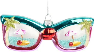 Produktbild von BRUBAKER Sonnenbrille Urlaub Blau & Pink mit Insel Palmen Weihnachtskugel aus Glas Handbemalt - Christbaumschmuck Lustig - Christbaumkugel