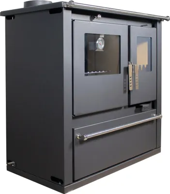 A black wood-burning stove with silver handles and trim, shown from a three-quarter side view against a white background.