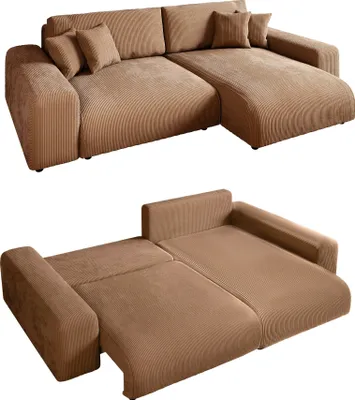 Produktbild von Ecksofa Schlaffunktion ausziehbar Bettkasten Polsterecke L-Couch Cord Hellbraun / 21002