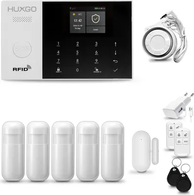 Immagine prodotto di HUXGO HXA005 Sistema di allarme per la casa, WiFi + GSM 4G, con sirena. Include 5 sensori di movimento e 1 sensore per finestre. Ideale per appartamenti, case e garage