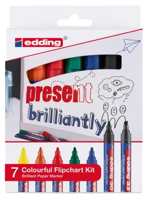 Produktbild von Edding Colourful Flipchart Kit, Schwarz, Blau, Grün, Orange, Rot, Gelb, Sortiert, Gemischte Farben, Tinte auf Wasserbasis, Glas, Eisen, Metall, Papier, Kunststoff, Stahl, 7 Stück(e)