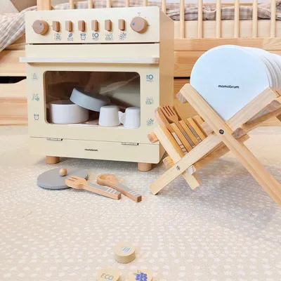 Produktbild von Kinder Küchenzubehör - Holz-Abtropfgestell mit Zubehör, Rollenspielzeug