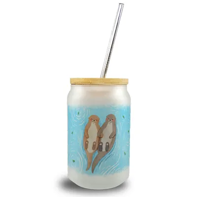 Produktbild von Otter Paar Trinkglas mit Bambusdeckel im Aquarell-Stil