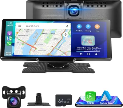 Image de Autoradio portable avec écran tactile de 9,3 pouces, double caméra de tableau de bord, compatibilité sans fil CarPlay et Android Auto