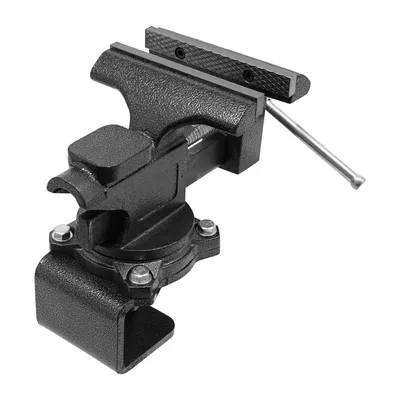 A black bench vise is shown against a white background.