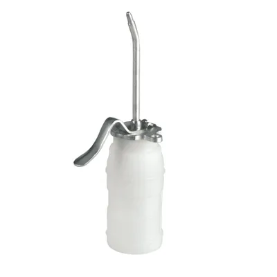 A white oil can with a silver spout and handle is shown against a white background.