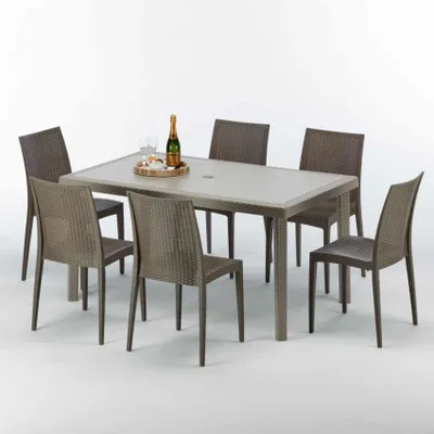 Produktbild von Polyrattan Tisch Rechteckig mit 6 Bunten Stühlen 150x90 Beige Marion