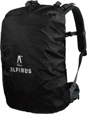 A black rucksack covered by a rain cover, shown from the front.