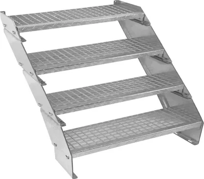 Produktbild von Verzinkter Stahl Treppe 4 Stufen | Erweiterbar mit zusätzlicher Gitterrost-Stufen & Höhenverstellbar | Wetterfest, Robust & Modular | für Außen Garten Terrasse | GRATIS Befestigungssatz [90cm breit]