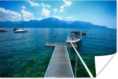 Produktbild von MuchoWow® Poster Pier am schönen Genfer See und den Schweizer Alpen rund um den See 90x60 cm - Schlafzimmer