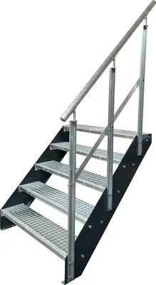 Obrázek produktu pro Mřížové ocelové příčkové schody 5 stupňů Pozinkované a antracitově práškově lakované příčky + zábradlí vpravo - (d x š x v) 101cm x 80cm x 95cm