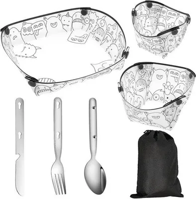 Produktbild von Camping-Besteckset, 7-teilig – Wiederverwendbar – Inklusive Aufbewahrungstasche – Ideal für Outdoor-Aktivitäten und Reisen