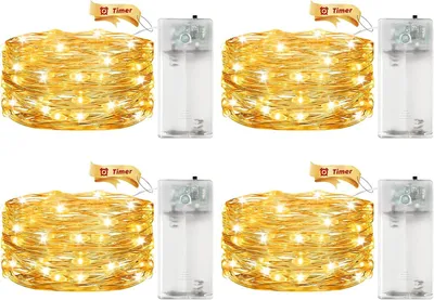 Obrázek produktu pro LED světelný řetěz - Sada 4 kusů - Baterie s časovačem - 2 metry - 20 LED diod - Mikrotenký měděný drát - LED světelný řetěz s časovačem - Pro vnitřní použití