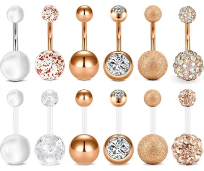 Obrázek produktu pro Sada piercingů do pupku, 12 kusů. Materiál: chirurgická ocel, stříbro. Motivy: srdce, diamant, opál, motýl. Velikost: 10 mm, 14G