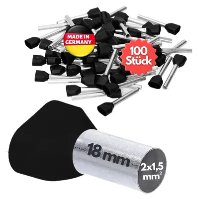 Produktbild von 100 Stück Kalitec AET1518SW Zwillingsaderendhülsen isoliert 2x1,5mm² 18mm lang schwarz I Germany I Industriequalität