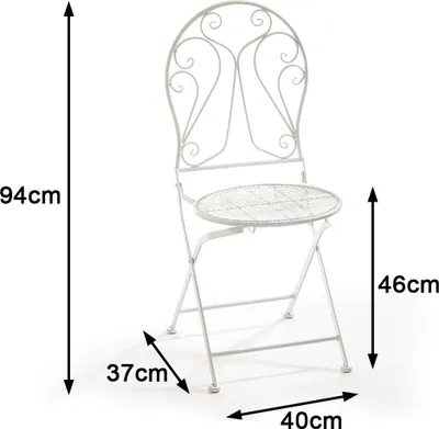 A white metal folding chair with dimensions indicated by measurement lines and text.