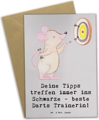 Produktbild von Mr. & Mrs. Panda babykarte Beste Darts Trainerin - Grau Pastell - Geschenk, Sportart, Dankbarkeit, weihnachtskarten, Praktisch, Danksagung, Geschenkidee, einladungskarten