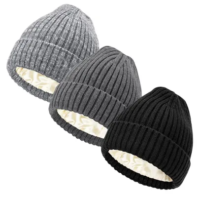 Produktbild von Strickmütze mit Satinfutter für Damen und Herren, 3er Set, Grau/Schwarz