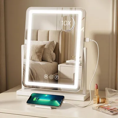 Produktbild von Schminkspiegel mit LED Beleuchtung 33x46cm HD 360° drehbar 10x Lupe 3 Farbtemperaturen dimmbar USB Weiß
