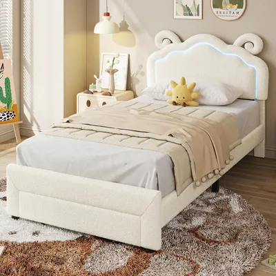 Produktbild von INONEFT Polsterbett Kinderbett 90 x 200 cm, Einzelbett mit LED und Schublade, Höhenverstellbares Kopfteil im Ziegenhorn-Design, Jugendbett, Beige