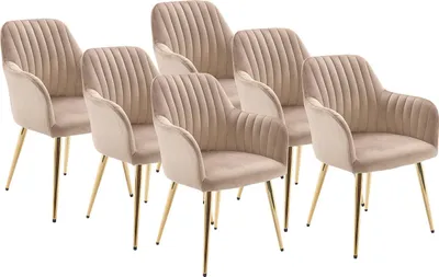 Produktbild von Set von 6 Stühlen mit Armlehnen aus Velours und goldenem Metall - Beige - ELEANA