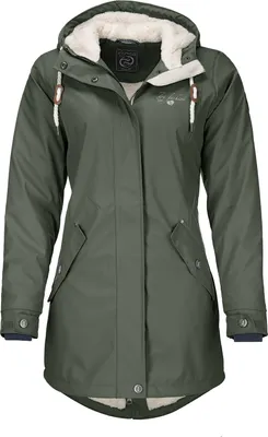 Produktbild von Dry Fashion Damen Regenmantel Malmö - Frauen Regenjacke Jacke mit Kapuze Lang Winddicht Wasserdicht Gefüttert mit Teddyfleece in Oliv Größe 50