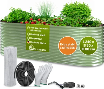 Produktbild von TTL GARDEN Hochbeet Nature L 240×80×80 cm – Metall Salbei-Grün oval & stabil