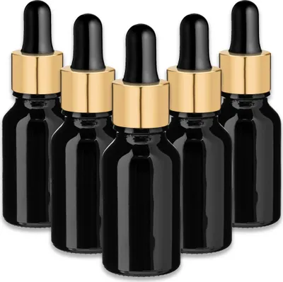 Produktbild von 5x Schwarze Glasflasche 15 ml mit goldener Aluminium-Pipette für Öl