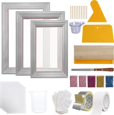 Produktbild von SucceBuy Siebdruckset, 3 Aluminium-Siebdruckrahmen 6 x 10 Zoll, 8 x 12 Zoll, 10 x 14 Zoll, 110 Maschenzahl, inkl. 5 Glitzer, Siebdruckrakel und Transparentfolien fš¹r T-Shirt-DIY-Druckprojekte