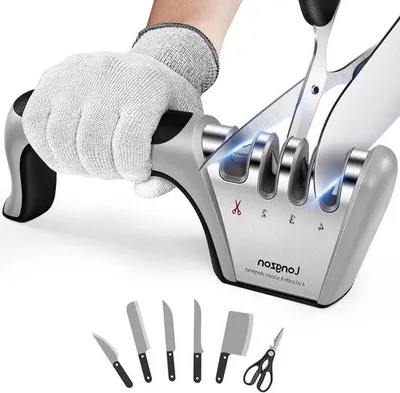 Obrázek produktu pro Profesionální multifunkční brousky na nože – 4 v 1 – s rukavicí chránící před pořezáním – pro kuchyňské a řezací nože