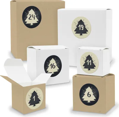 Produktbild von Adventskalender zum Füllen 24x Quader Würfel gemischt WEISS / BRAUN + Sticker (V