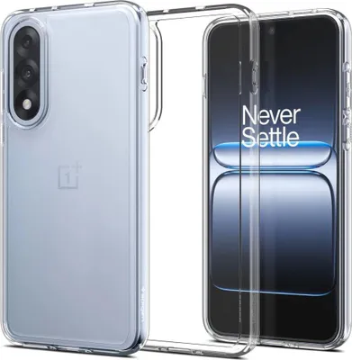 A clear phone case is shown next to a phone displaying a slogan.