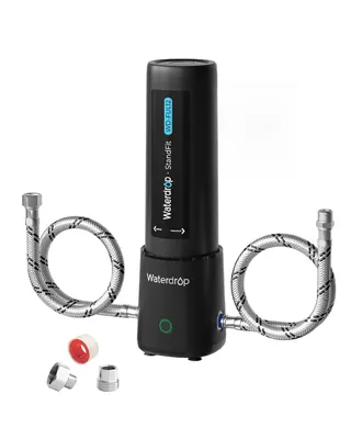 A black water filter system with silver hoses and various adapters on a white background.