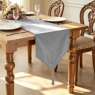 Image de Nappe décorative à franges, gris clair, velours, 35 x 130 cm