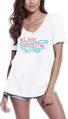 Produktbild von Damen Grafik T-Shirt V-Ausschnitt Wir sind eggspectin – We Are Eggspectin – Öko-Verantwortlich Vintage Jahrgang Kurzarm Lustige Druck Geburtstag