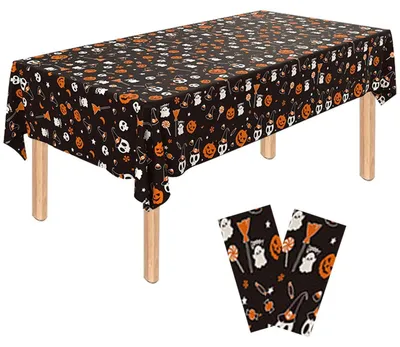 Produktbild von 2 Stück Halloween Tischdecke Kürbisschädel Rechteckig Wasserdicht Schwarz Folie Kunststoff